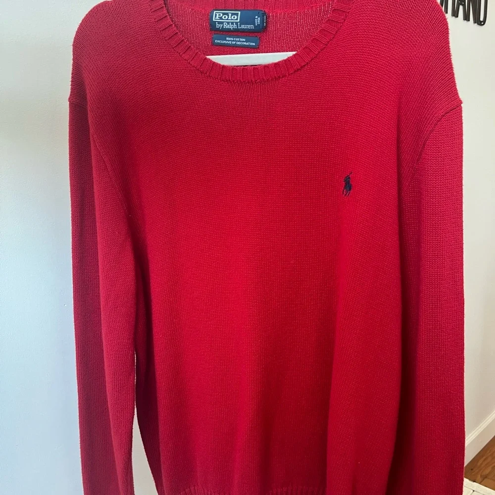 Authentic 100% Cotton Ralph Lauren Red Crewneck Sweater with Navy Pony